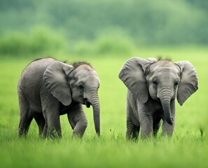 Cute baby elephants running in a green field