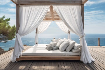a bed with pillows and a canopy over a body of water - obrazy, fototapety, plakaty