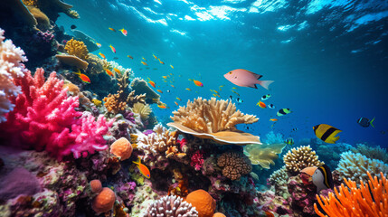 Naklejka na ściany i meble An underwater scene of corals and seaweed.