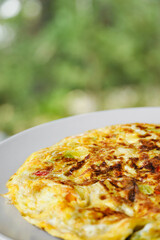 Vegetable potato omelette with nature background.