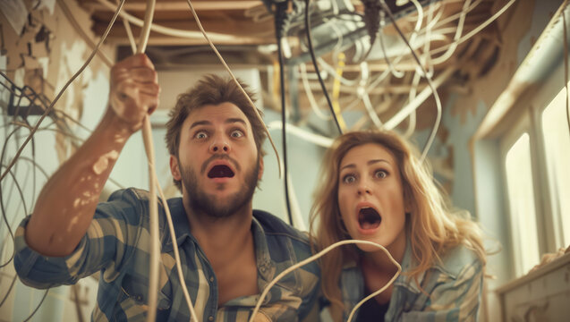 frustrated homeowners as an electrical cable malfunctions in the construction phase, highlighting unexpected challenges