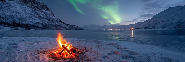Fire by the lake in winter with ice and snow.