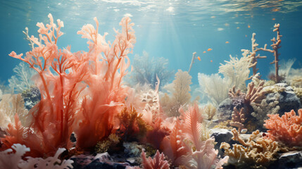 Fototapeta na wymiar An underwater scene of corals and seaweed.