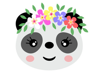 Cute panda face with wreath floral on head
