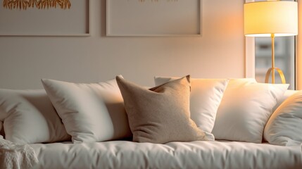 Sofa and pillows in living room with night light and relaxed mode,interior home design concept.
