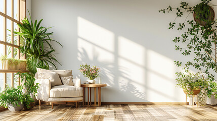 Fototapeta na wymiar Scandinavian-style living room with a comfortable sofa and green plants, showcasing modern home decor