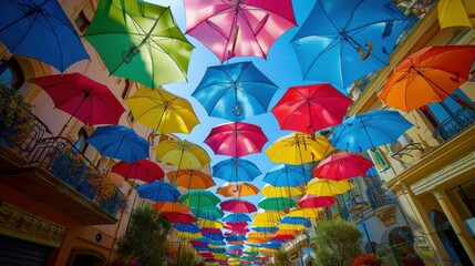 Fototapeta premium Pedestrian street with colorful multi-colored umbrellas as decoration and protection from the bright sun at noon