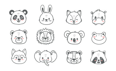 set of animals. Doodle illustration of bear, wolf, fox, raccoon, hare, lion, tiger, elephant, hippo, koala for cards, magazins, banners. 