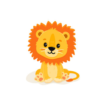 Cute cartoon lion. Wild adorable character. Lovely mammal sitting isolated. 