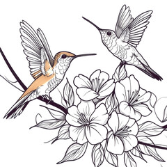 Fototapeta premium Black and white Hummingbird and flowers tattoo design