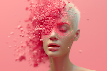 Illustration for advertising powder. Powder is sprayed on the face of a beautiful girl