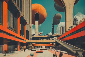 Retrofuturistic landscape in mid-century sci-fi style. Retro science fiction scene with futuristic city buildings. - obrazy, fototapety, plakaty