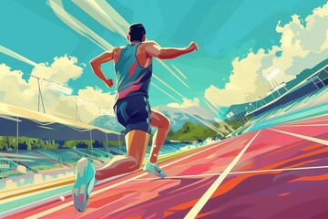 Running athlete on the treadmill at the stadium, flat sports illustration, Olympic Games - obrazy, fototapety, plakaty