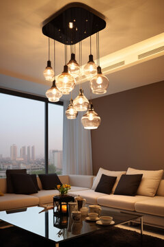 Modern living room with geometric ceiling lamp and city view