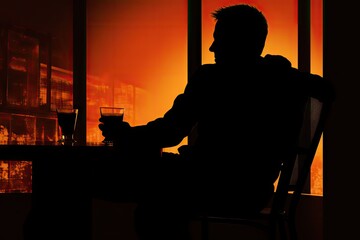 An Alcoholic Drinks Alone, Man Drinking Beer Dark Silhouette, Alcohol Addiction Concept