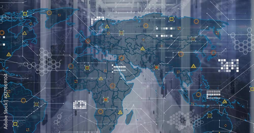 Poster animation of world map and data processing over computer servers