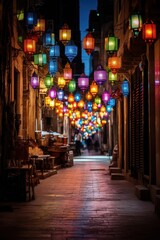 Fototapeta na wymiar Colorful lanterns adorning Middle Eastern street for Ramadan