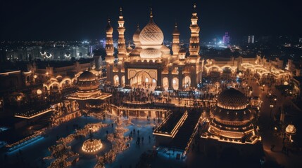 Aerial view of mosque with festive lights for Ramadan - 737869317