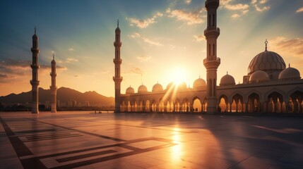 Illuminated mosque minarets at dawn with mountains backdrop - 737869322