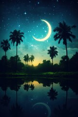Crescent moon shining above tropical trees in night sky - 737869331