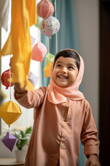 Muslim girl with Ramadan decorations feeling joyful - 737869336