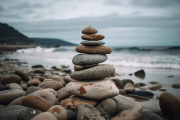 A pile of smooth stones carefully stacked on a pebbly beach, symbolizing balance, with the ocean as a calming backdrop