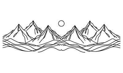 drawing mountain with forest pine trees landscape black line Sketch art Hand drawn linear style vector illustration