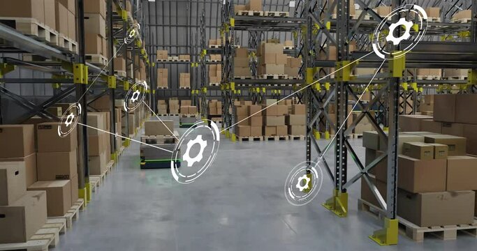 Animation of network of connections with icons over robots working in warehouse