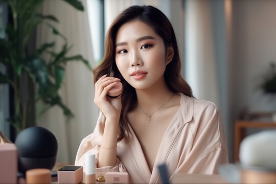 Beautiful young Asian woman blogger shows how to make up and use cosmetics