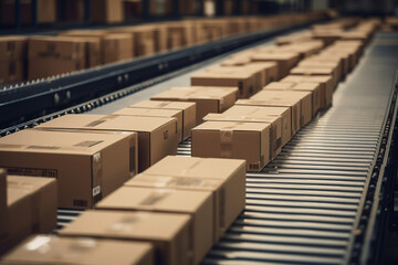Fototapeta premium Multiple cardboard box packages seamlessly moving along a conveyor belt in a warehouse fulfillment center