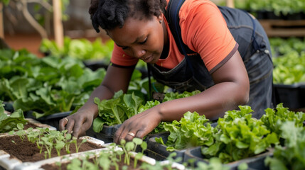A worker carefully inspecting the soil quality and adjusting nutrients as needed ensuring the optimal conditions for healthy growth of a variety of vegetables within the greenhouse.