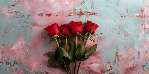 A Stunning Valentine's Day Bouquet of Red Roses Complementing a Rosethemed Wall Backdrop. Concept Valentine's Day Bouquet, Red Roses, Rose-themed Wall Backdrop, Stunning, Complementing