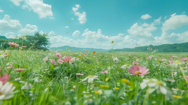 A serene landscape with rolling hills, vibrant flowers, and a distant mountain range