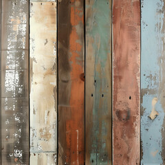 Vertical arrangement of colorful weathered and distressed wood plank textures