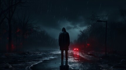 Fototapeta premium Mysterious Figure in Rainy Forest - Dark, Moody Atmosphere with Red Accents