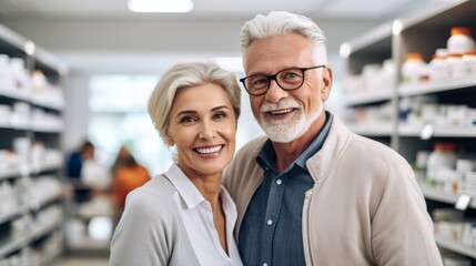 A happy smiling mature couple looks at the camera against the background of a pharmacy. Health, Pensioners, Pharmaceuticals concepts.