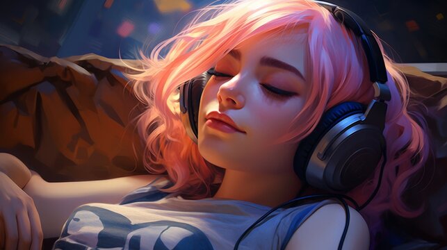 Tranquil Girl with Pink Hair Relaxing with Headphones - Vibrant, Dreamy Portrait