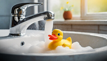 Close-up of a yellow and orange rubber toy duck taking a bath in a white sink among the soap foam. Generative Ai.
