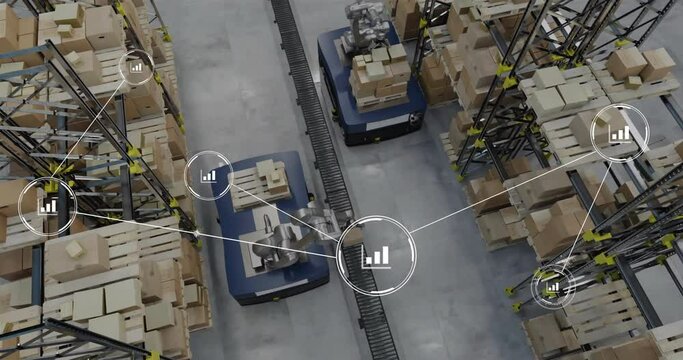 Animation of network of connections with icons over robot in warehouse
