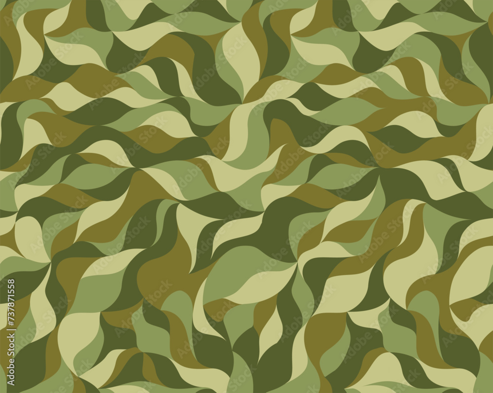 Poster Curly waves tracery, colored curved lines. Stylized abstract camouflage petals pattern. Vector green khaki leaf seamless camo background. Texture wallpapers for printing on paper or fabric