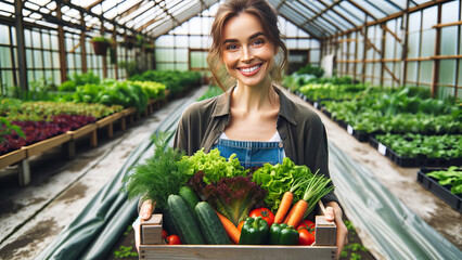 Homegrown Vegetable Harvest in Greenhouse with Smiling Woman