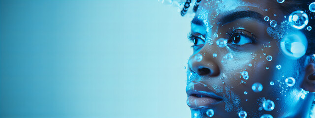 A beautiful black woman with blue eyes portrait blue tones hydrating serum molecules structure and flying water droplets on face, light background. Skincare and beauty banner with copy space. - Powered by Adobe