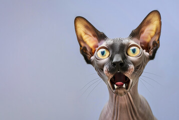 Funny portrait of a shocked cat with an open mouth on a color background.