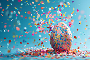 
Easter confetti egg with explosion of multicolored confetti isolated on pastel blue background. 