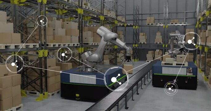 Animation of network of connections with icons over robot in warehouse