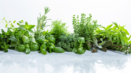A vibrant array of fresh herbs and vegetables, forms a captivating display on the clear white surface.