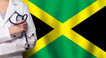 Jamaican medicine and healthcare concept. Doctor close up against flag of Jamaica background
