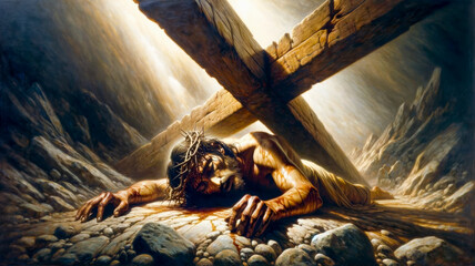 The Sorrowful Journey: The Agony and Exhaustion of Jesus as He Falls under the Cross on the Road to Calvary in the Stations of the Cross. - obrazy, fototapety, plakaty