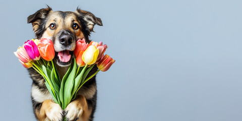 The dog holds a bouquet of flowers in its paws on a uniform background.