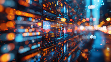 A dazzling cityscape at night, illuminated by the vibrant glow of a computer screen, displaying a flurry of numbers and lights, evoking a sense of endless possibilities and technological wonder